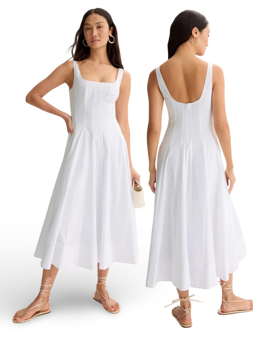 Staud White Wells Dress Square Neck Midi Summer Cotton US Size 6